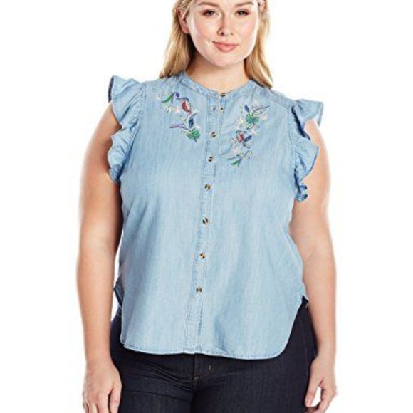 EUC Plus Size Melissa McCarthy Seven7 Button Down Embroidered Denim Top-Size 1X - Picture 3 of 16
